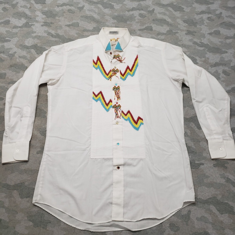 Vintage Chaplin Shirt Men Medium White Pearl Snap Long Sleeve Made In USA Beaded
